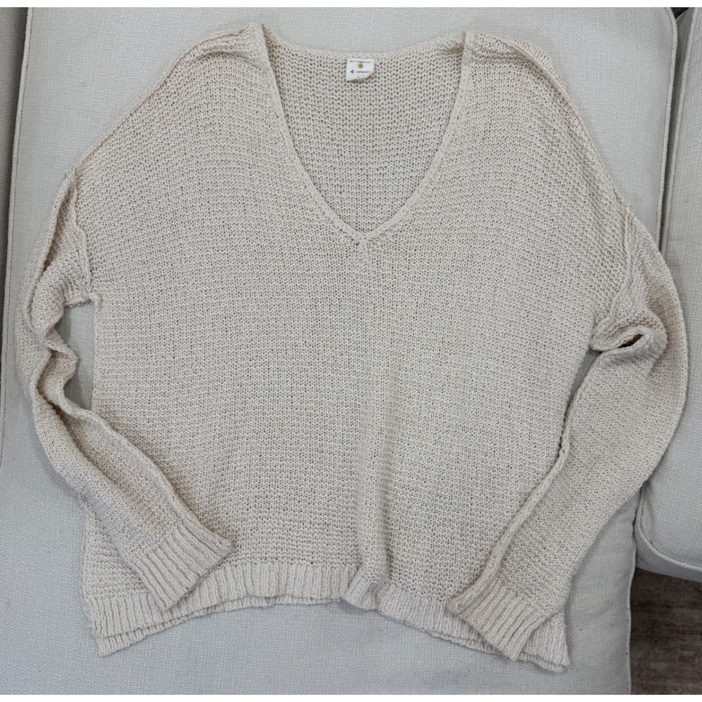 By Together Sweater Womens L Cream Open Knit V-Neck Exposed Seam Excellent